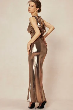 MICAS Maxi Dresses-Metallic Cowl Neck Tie Backless Sleeveless Maxi Dress