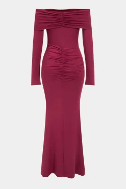 MICAS Long Sleeve Dresses|Maxi Dresses-Metallic Detail Off Shoulder Long Sleeve Maxi Dress BURGUNDY
