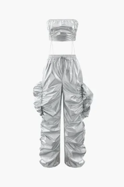 MICAS Pant Sets-Metallic Drawstring Tube Top And Gathered Wide Leg Pants SILVER