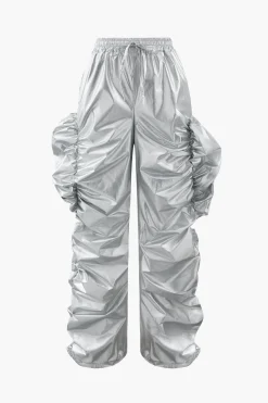 MICAS Pant Sets-Metallic Drawstring Tube Top And Gathered Wide Leg Pants SILVER