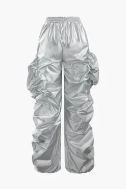 MICAS Pant Sets-Metallic Drawstring Tube Top And Gathered Wide Leg Pants SILVER