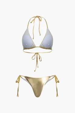 MICAS Swimwear-Metallic Halter Side Tie Bikini Set GOLD