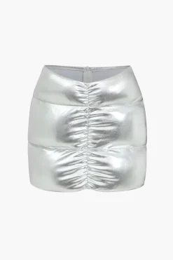 MICAS Skirts-Metallic Ruched Puffer Mini Skirt SILVER