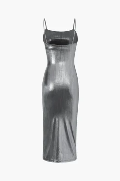 MICAS Midi Dresses-Metallic Ruched Slit Midi Dress