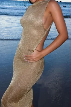 MICAS Knitwear|Knit Dresses-Metallic Sleeveless Backless Slit Knit Maxi Dress TAN
