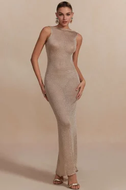 MICAS Knitwear|Knit Dresses-Metallic Sleeveless Backless Slit Knit Maxi Dress TAN