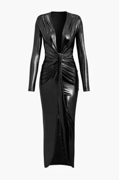 MICAS Long Sleeve Dresses|Maxi Dresses-Metallic V-neck Ruched Slit Wrap Maxi Dress BLACK