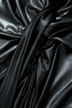 MICAS Long Sleeve Dresses|Maxi Dresses-Metallic V-neck Ruched Slit Wrap Maxi Dress BLACK