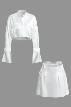 MICAS Skirt Sets-Mock Neck Button Up Bell Sleeve Crop Shirt And Mini Skirt Set WHITE