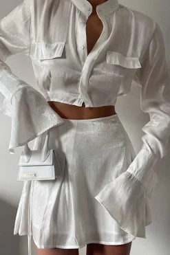 MICAS Skirt Sets-Mock Neck Button Up Bell Sleeve Crop Shirt And Mini Skirt Set WHITE