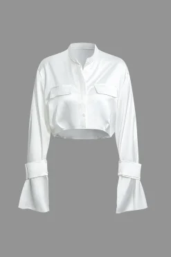 MICAS Skirt Sets-Mock Neck Button Up Bell Sleeve Crop Shirt And Mini Skirt Set WHITE