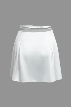 MICAS Skirt Sets-Mock Neck Button Up Bell Sleeve Crop Shirt And Mini Skirt Set WHITE