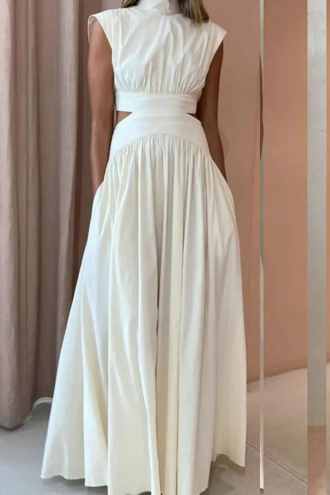 MICAS Maxi Dresses-Mock Neck Cut Out Pleated Maxi Dress