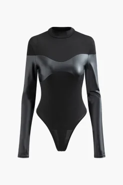 MICAS Long Sleeve Tops|Long Sleeves Tops-Mock Neck Faux Leather Paneled Long Sleeve Bodysuit