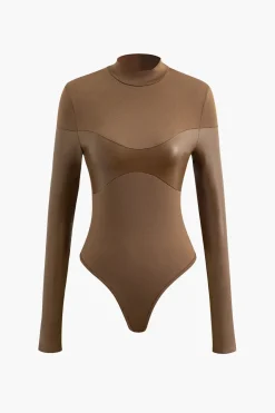 MICAS Long Sleeve Tops|Long Sleeves Tops-Mock Neck Faux Leather Paneled Long Sleeve Bodysuit