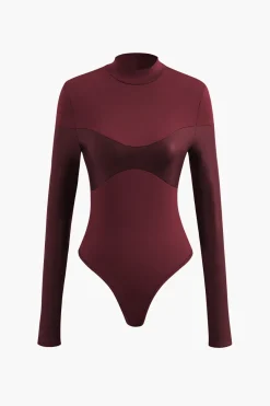 MICAS Long Sleeve Tops|Long Sleeves Tops-Mock Neck Faux Leather Paneled Long Sleeve Bodysuit