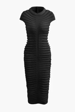 MICAS Knitwear|Knit Dresses-Mock Neck Knit Stripe Short Sleeve Maxi Dress BLACK