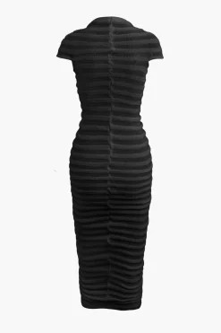 MICAS Knitwear|Knit Dresses-Mock Neck Knit Stripe Short Sleeve Maxi Dress BLACK