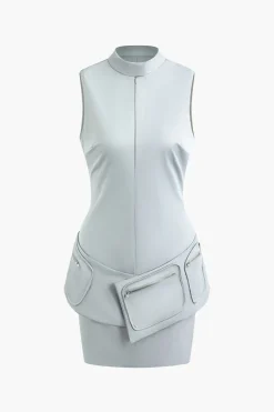 MICAS Mini Dresses-Mock Neck Pocket Detail Sleeveless Mini Dress PEARL RIVER