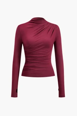 MICAS Long Sleeve Tops|Long Sleeves Tops-Mock neck Ruched Long Sleeve Top