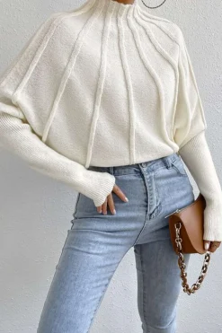 MICAS Knitwear|Knit Tops-Mock Neck Textured Batwing Sleeve Sweater