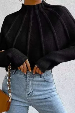 MICAS Knitwear|Knit Tops-Mock Neck Textured Batwing Sleeve Sweater