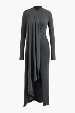 MICAS Long Sleeve Dresses|Maxi Dresses-Mock Neck Wrap Ruched Long Sleeve Slit Maxi Dress