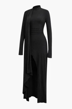 MICAS Long Sleeve Dresses|Maxi Dresses-Mock Neck Wrap Ruched Long Sleeve Slit Maxi Dress