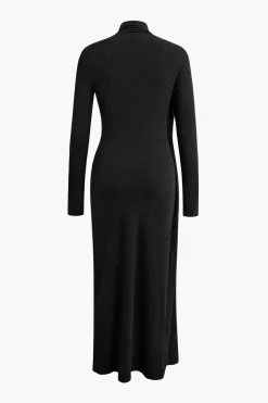 MICAS Long Sleeve Dresses|Maxi Dresses-Mock Neck Wrap Ruched Long Sleeve Slit Maxi Dress