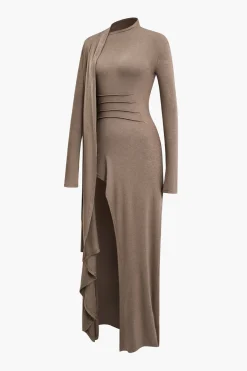 MICAS Long Sleeve Dresses|Maxi Dresses-Mock Neck Wrap Ruched Long Sleeve Slit Maxi Dress