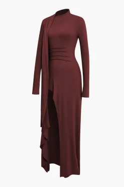 MICAS Long Sleeve Dresses|Maxi Dresses-Mock Neck Wrap Ruched Long Sleeve Slit Maxi Dress