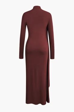 MICAS Long Sleeve Dresses|Maxi Dresses-Mock Neck Wrap Ruched Long Sleeve Slit Maxi Dress