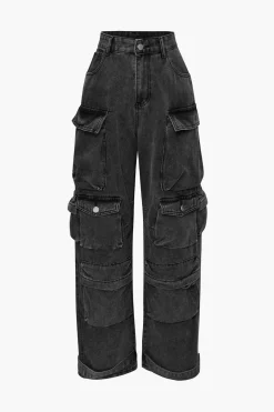 MICAS Cargo Pants|Jeans-Multi Pocket Rolled Hem Wide Leg Cargo Jeans