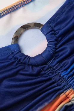 MICAS Swimwear|Vacation Sets-Multi Print One Shoulder Crop Top And Ruched Drawstring Mini Skirt Set BLUE