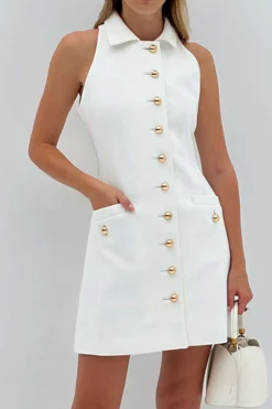 MICAS Mini Dresses-Multi-Button Collared Pocket Mini Dress WHITE