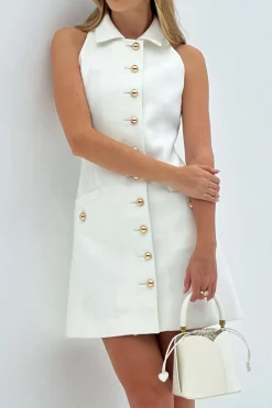 MICAS Mini Dresses-Multi-Button Collared Pocket Mini Dress WHITE