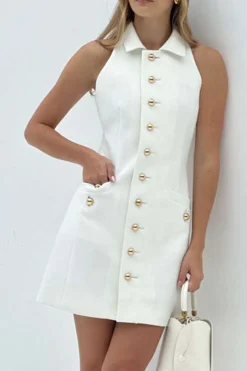 MICAS Mini Dresses-Multi-Button Collared Pocket Mini Dress WHITE