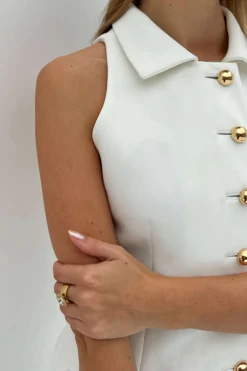 MICAS Mini Dresses-Multi-Button Collared Pocket Mini Dress WHITE