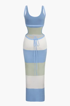 MICAS Knitwear|Maxi Dresses-Multicolored Stripe Knitted Backless Maxi Dress