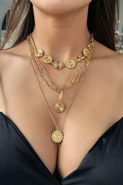 MICAS Necklaces-Multi-Layer Sun Pattern Round Disc Necklace PURE GOLD