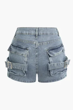 MICAS Cargo Pants|Shorts-Multi-Pocket Denim Cargo Shorts LIGHT WASH BLUE