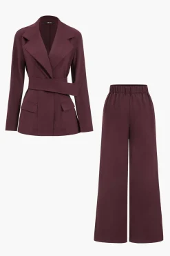 MICAS Blazers|Pant Sets-Notched Lapel Belted Blazer And Trousers Set MAROON