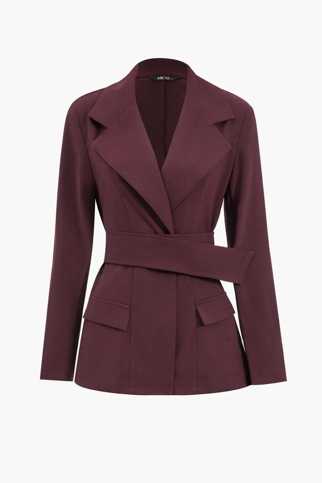 MICAS Blazers|Pant Sets-Notched Lapel Belted Blazer And Trousers Set MAROON