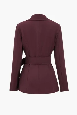 MICAS Blazers|Pant Sets-Notched Lapel Belted Blazer And Trousers Set MAROON
