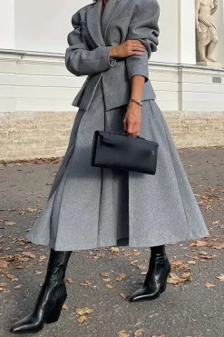 MICAS Blazers|Skirt Sets-Notched Lapel Blazer And Midi Skirt Set GRAY