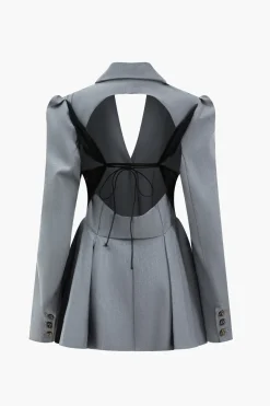 MICAS Outerwear|Blazers-Notched Lapel Ruched Backless Blazer GRAY