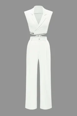MICAS Pant Sets-Notched Lapel Tie Back Vest And Straight Leg Suit Pants Set