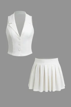 MICAS Skirt Sets-Notched Lapel Vest And Pleated Mini Skirt Set
