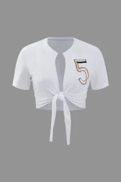 MICAS T-Shirts-Number 5 Embroidered Knot Hem T-shirt WHITE