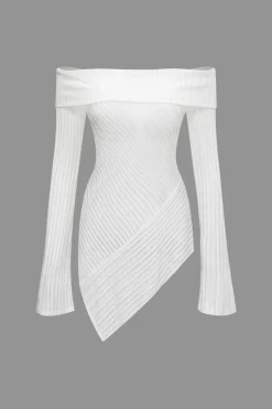 MICAS Long Sleeve Tops|Long Sleeves Tops-Off Shoulder Asymmetric Long Sleeve Top WHITE